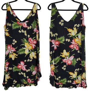 80's Two Palms Dress Hawaiian Sleeveless Ruffle Hem Shift Black Floral XL USA‎